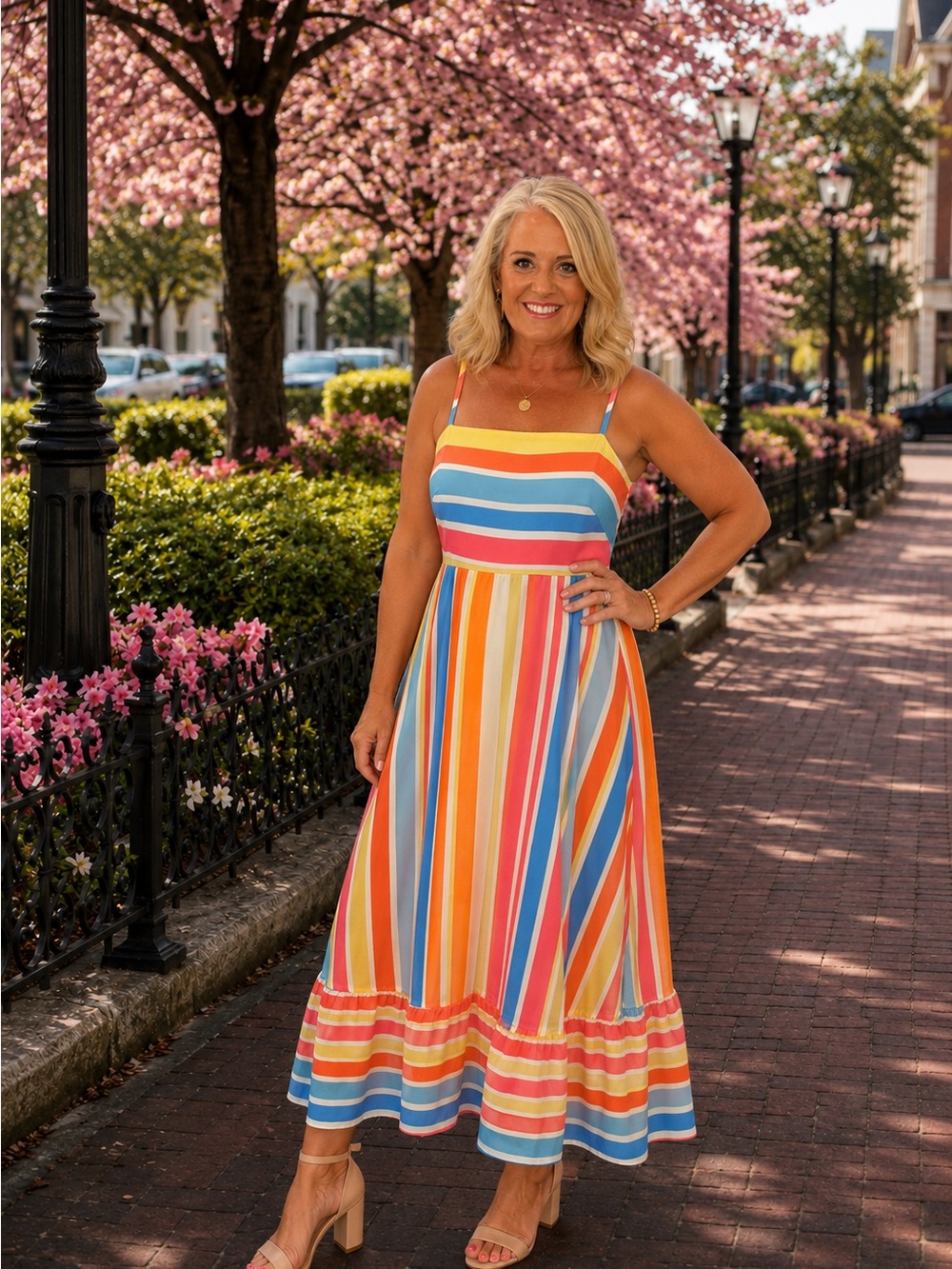 Women's Multi-Color Stripe Sundress - Sleeveless Maxi Size Large